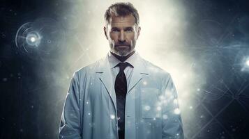 medisch banier met een dokter vervelend een jas, gegenereerd door ai foto