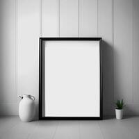 minimalistisch zwart leeg kader Aan muur van leven kamer interieur model, blanco muur afbeelding kader model, minimalistisch leeg kader voor Product presentatie, blanco afbeelding kader sjabloon foto