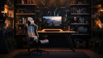 werkruimte met een gaming stoel, pc, en zwart concept, gegenereerd door ai foto