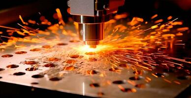 industrieel laser snijdend technologie, vonk vlak staal vel verzinsel technologie - ai gegenereerd beeld foto