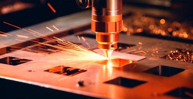 industrieel laser snijdend technologie, vonk vlak staal vel verzinsel technologie - ai gegenereerd beeld foto