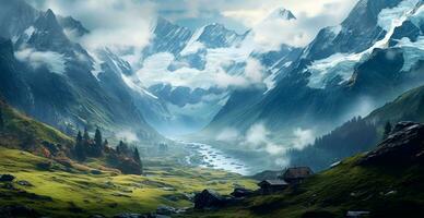 mooi zomer mistig landschap in de bergen van de Alpen, reizen in de bergen - ai gegenereerd beeld foto
