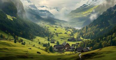 mooi zomer mistig landschap in de bergen van de Alpen, reizen in de bergen - ai gegenereerd beeld foto