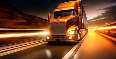 Amerikaans stijl vrachtauto Aan de snelweg, snelweg trekken lading. vervoer concept - ai gegenereerd beeld foto