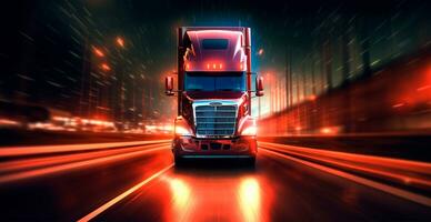 Amerikaans stijl vrachtauto Aan de snelweg, snelweg trekken lading. vervoer concept - ai gegenereerd beeld foto