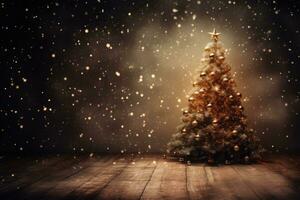 versierd Kerstmis boom met slingers en ballen Aan houten vloer. ai gegenereerd foto