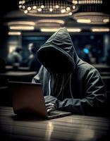 hacker werken Aan laptop in casino, gemaakt met generatief ai foto