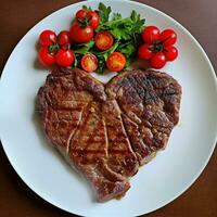 hart vormig rundvlees steak in de bord, gemaakt met generatief ai foto