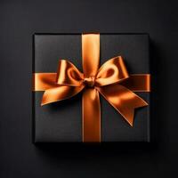 top visie Bij zwart geschenk doos met oranje lint, gemaakt met generatief ai foto