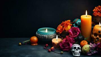 dag van de dood of dia de los Muertos banier concept ontwerp van schedels, kaarsen en bloemen, ai generatief foto