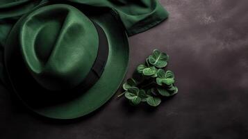 st. Patrick achtergrond met groen hoed en groen bladeren ornament, ai generatief foto