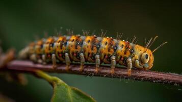 dichtbij omhoog foto van rups- dier met perfect engel visie en vervagen achtergrond, ai generatief