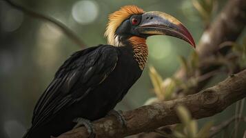 dichtbij omhoog neushoornvogel vogel met zwart Vleugels Aan een boom met wazig achtergrond, ai generatief foto