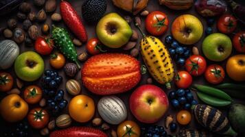 top visie verscheidenheid van vers fruit met helder kleuren, ai generatief foto