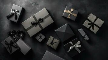 zwart vrijdag banier met geschenk doos en zwart plakband Aan zwart achtergrond, ai generatief foto