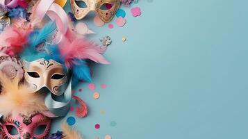 carnaval voor uitverkoop banier achtergrond met carnaval maskers, en carnaval ornamenten, ai generatief foto