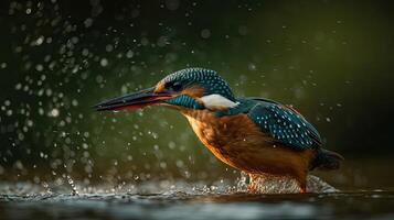 rivier- ijsvogel vogel is jacht- over- rivier- met vervagen achtergrond, ai generatief foto