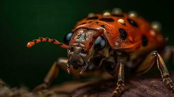 detailopname van klein oranje insect met vervagen achtergrond, ai generatief foto