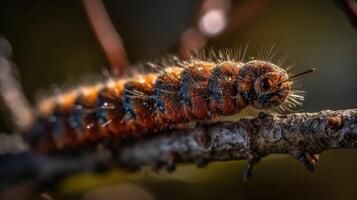 bruin rups- dier met perfect engel visie en vervagen achtergrond, ai generatief foto