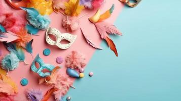 carnaval maskers, en carnaval ornamenten Aan pastel achtergrond voor carnaval uitverkoop banier, ai generatief foto