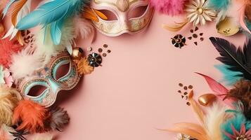 carnaval uitverkoop banier achtergrond met carnaval maskers, en carnaval ornamenten Aan pastel achtergrond, ai generatief foto