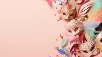 carnaval uitverkoop banier achtergrond met carnaval maskers, en carnaval ornamenten Aan pastel achtergrond, ai generatief foto