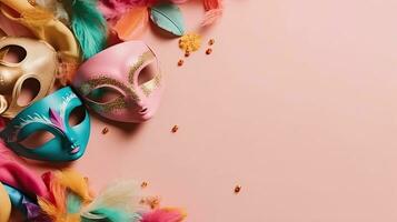 carnaval maskers, vogel veren en carnaval ornamenten Aan pastel achtergrond, ai generatief foto