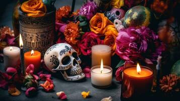 dag van de dood banier concept ontwerp van schedels, kaarsen en bloemen Aan zwart achtergrond, ai generatief foto