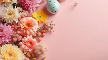 gelukkig Pasen dag banier concept ontwerp van kleurrijk eieren en bloemen Aan pastel achtergrond, ai generatief foto