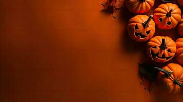 halloween achtergrond met oranje pompoenen Aan spookachtig achtergrond, ai generatief foto