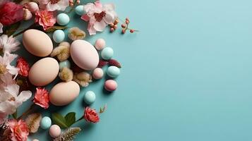 top visie van gelukkig Pasen dag met kleurrijk eieren en bloemen Aan pastel achtergrond, ai generatief foto