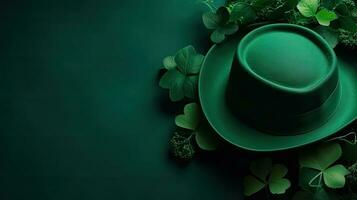 top visie van st Patrick banier concept ontwerp van groen hoed en groen bladeren Aan groen pastel achtergrond, ai generatief foto
