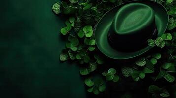 top visie van st Patrick banier concept ontwerp van groen hoed en groen bladeren Aan groen pastel achtergrond, ai generatief foto