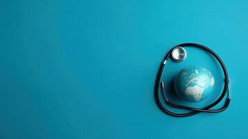 wereld Gezondheid dag achtergrond met stethoscoop en miniatuur aarde Aan blauw achtergrond, ai generatief foto