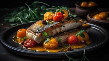 acqua pazza barramundi met vervagen achtergrond compleet samenstelling, ai generatief foto