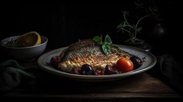 acqua pazza barramundi foto met vervagen achtergrond compleet samenstelling, ai generatief