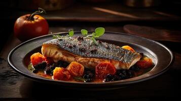 acqua pazza barramundi met vervagen achtergrond compleet samenstelling, ai generatief foto