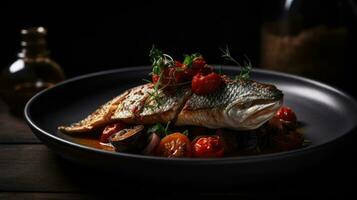 acqua pazza barramundi foto met vervagen achtergrond compleet samenstelling, ai generatief