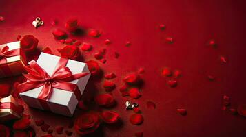 Valentijn dag ontwerp van een verzameling van geschenk doos en rood bloemen voor banier achtergrond, ai generatief foto