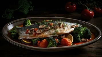 acqua pazza barramundi foto met vervagen achtergrond compleet samenstelling, ai generatief