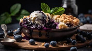 dichtbij omhoog bosbes schoenmaker met bosbessen fruit Aan een houten tafel met een wazig achtergrond, ai generatief foto