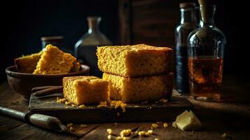 pluizig taart maïsbrood Aan hout bord met wazig achtergrond, ai generatief foto