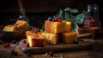 pluizig taart maïsbrood Aan hout bord met wazig achtergrond, ai generatief foto