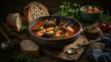 cioppino soep met clam vlees Aan een zwart bord en vervagen achtergrond, ai generatief foto