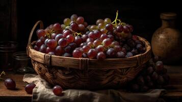 druif fruit Aan bamboe mand met wazig achtergrond, ai generatief foto