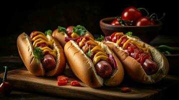 dichtbij omhoog hotdog met vol ingrediënten en mayonaise Aan hout bord en wazig achtergrond, ai generatief foto