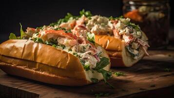 kreeft broodjes vol van brokken van kreeft vlees en groenten Aan een houten bord, ai generatief foto