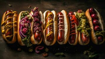 dichtbij omhoog hotdog met vol ingrediënten en mayonaise Aan hout bord en wazig achtergrond, ai generatief foto