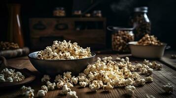 detailopname popcorn in een kom met een wazig achtergrond, ai generatief foto