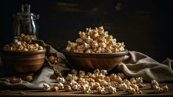 popcorn in een kom met een wazig achtergrond, ai generatief foto